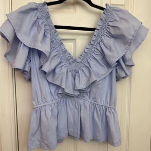 Retro Chic Soft Blue Ruffled Top